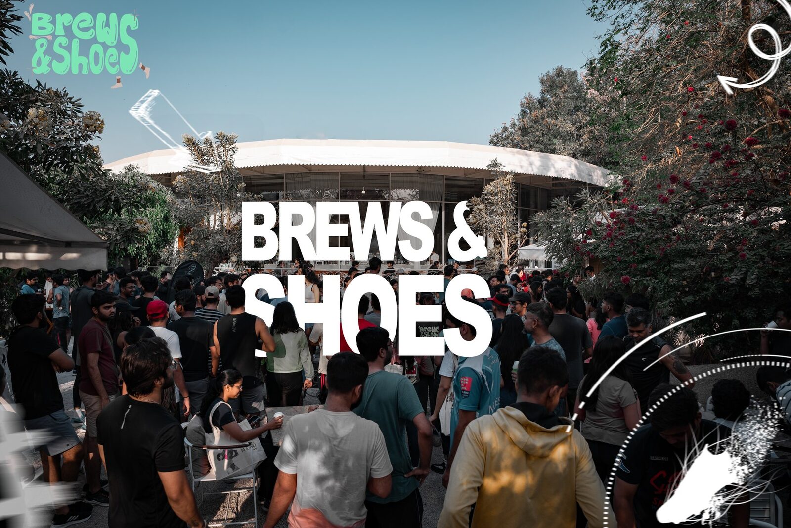 A crowded Brews & Shoes gathering outside the café, with the Brews & Shoes logo and wordmark overlaid on the photo