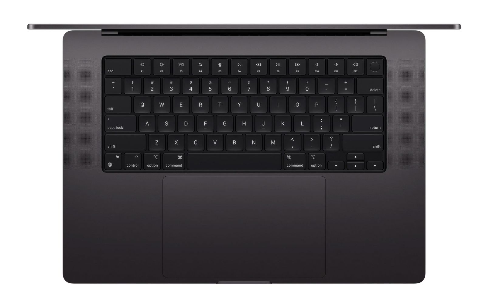 Top down view of a 14 inch MacBook Pro, open, showing the keyboard and trackpad