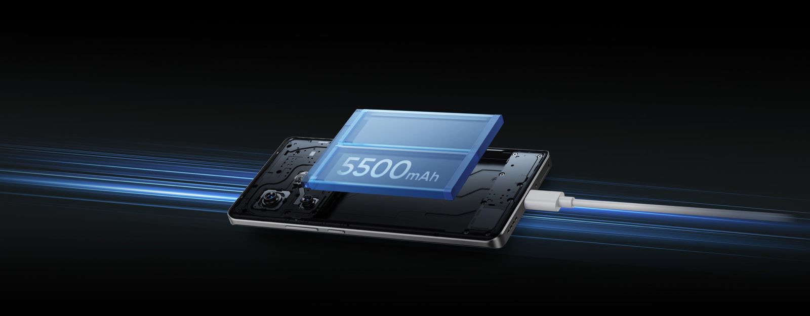 Exploded render of the realme GT 6 showing its 5500mAh battery cell and 120W SUPERVOOC charging cable